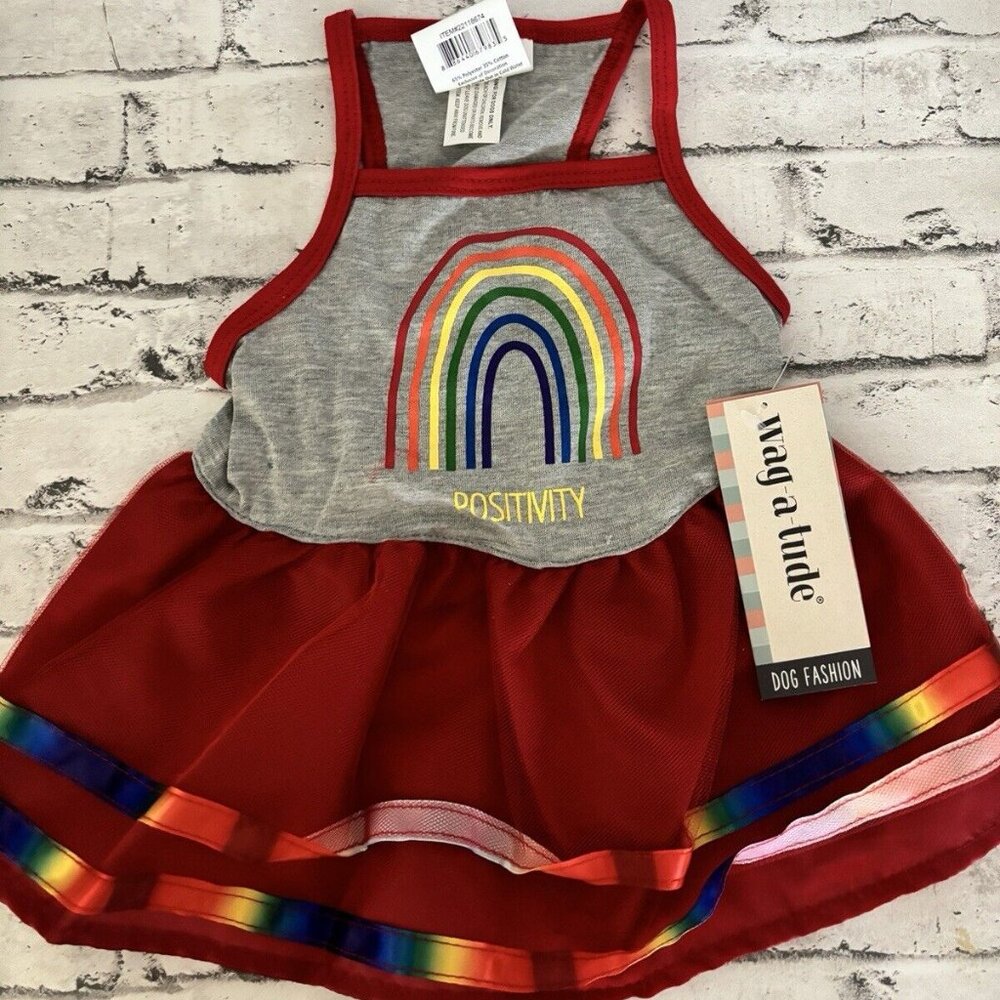 Wag-a-tude Red Rainbow Positivity Dog Dress Size M NWT